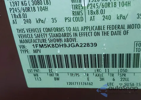 2018 Ford Explorer Xlt z USA, uszkodzony, nr VIN 1FM5K8DH9JGA22839